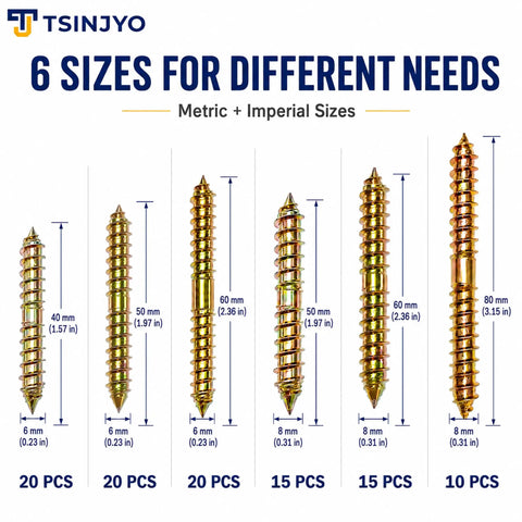 100 Piece Hanger Bolt Set with Double Ended Screws for Woodworking and Furniture Assembly, M6x40, M6x50, M6x60, M8x50, M8x60, M8x80