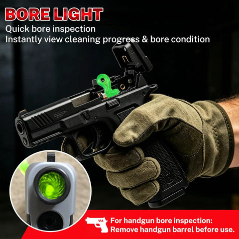 Gloved hand holding handgun with bore light, part of 80 Piece Gun Cleaning Kit For Handguns Rifles Calibers.22.357.38 9mm.40.45