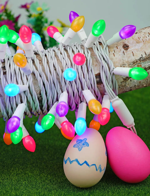 Dope Easter String Lights 50 LEDs, 17 Foot Multi Color Pastel Glow On White Wire on tree branch with decorated eggs