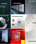 Slick Self Adhesive Wall Hooks Heavy Duty Stainless Steel holds 13 pounds; easy install and waterproof for organizing items.