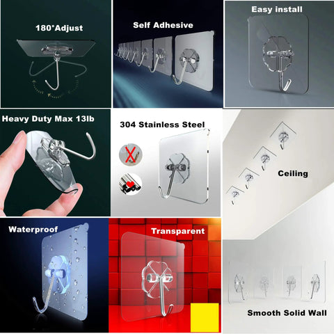 Slick Self Adhesive Wall Hooks Heavy Duty Stainless Steel holds 13 pounds; easy install and waterproof for organizing items.