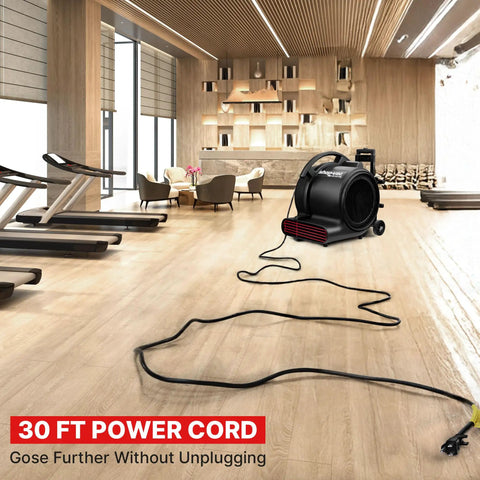 1800 CFM Floor Fan Air Mover With 3 Speed Settings Heavy Duty Blower showcasing 30 ft power cord in a large indoor space