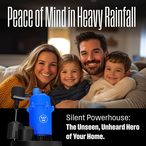 Family enjoying peace with Heavy Duty Submersible Sump Pump 1/3 HP Automatic Vertical Float Switch for fast water removal.
