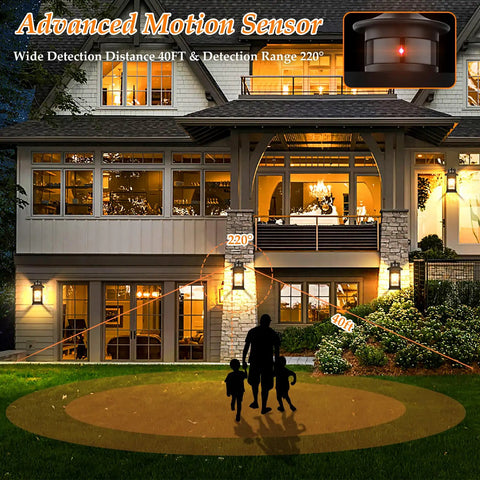 Front view of modern house with Motion Sensor Outdoor Wall Lantern With Dusk To Dawn Sensor illuminating entryway