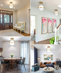 Dope Mid Century Globe Semi Flush Mount Ceiling Light In Brushed Gold With Milky White Glass Shade in various living spaces