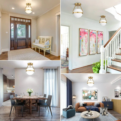 Dope Mid Century Globe Semi Flush Mount Ceiling Light In Brushed Gold With Milky White Glass Shade in various living spaces