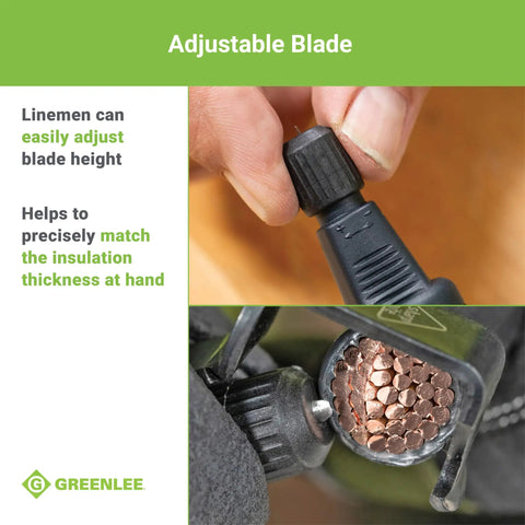Close-up of adjustable blade on Pocket Cable Stripping Tool With High Carbon Steel Blade, 7 Inch, showing linemen adjusting height.
