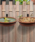 Two Piece Tree Mounted Bird Feeder Tray Set For Outdoors Food And Water Heavy Duty Iron Ring Installs On Wooden Deck Fence