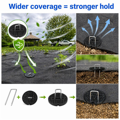 Heavy Duty Garden Stakes Kit With Washers for Windy Areas securing landscape fabric to ground in garden setup.