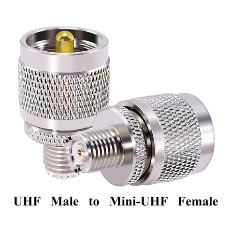 Two Pack PL259 To Mini UHF Coax Adapter Set, PL259 Male To Mini UHF SO239 Female RF Coax Connector, Gold Plated Pins, Nickel Body