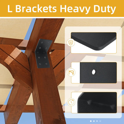 Six Pack 4 By 4 By 3 Eighths Heavy Duty Steel Corner Brackets L Shaped Right Angle Mounts For Deck And Shed Build Out Top Shelf Rust Proof Carbon Steel Frame Hardware mounted on wooden beams.