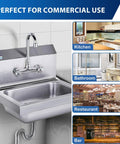 Durable 304 Stainless Steel Hand Sink With Wall Mount Faucet Workhorse Commercial Grade Restaurant Kitchen Sink For Outdoor And Home Use Large Fourteen By Ten Inch Bowl With Five And A Half Inch Depth Seventeen By Fifteen Inches showcased for kitchen, bathroom, restaurant, and bar use.