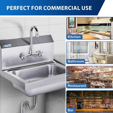 Durable 304 Stainless Steel Hand Sink With Wall Mount Faucet Workhorse Commercial Grade Restaurant Kitchen Sink For Outdoor And Home Use Large Fourteen By Ten Inch Bowl With Five And A Half Inch Depth Seventeen By Fifteen Inches showcased for kitchen, bathroom, restaurant, and bar use.