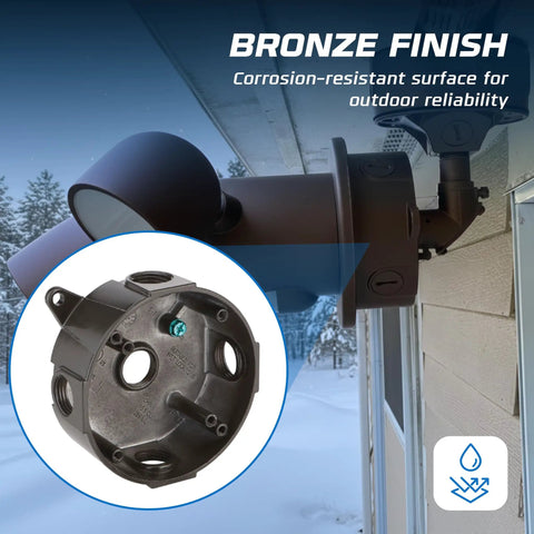 Four Pack Round Outdoor Junction Boxes With Five Half Inch Holes Die Cast Wet Rated Exterior Electrical Box For Weatherproof Power Connections Plugs And Ground Screw Compatibility bronze finish exterior wall mounted