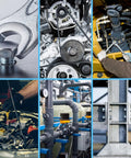 Collage showing various uses of hex head screws and bolts in mechanical and industrial settings.