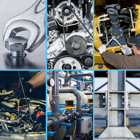 Collage showing various uses of hex head screws and bolts in mechanical and industrial settings.