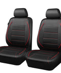 Universal Piping Leather Front Seat Covers Set For SUV Sedan Van And Truck, Waterproof Faux PU Leather, Black Red design, airbag compatible.