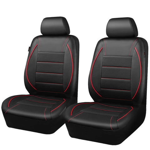 Universal Piping Leather Front Seat Covers Set For SUV Sedan Van And Truck, Waterproof Faux PU Leather, Black Red design, airbag compatible.