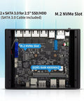 Quiet Fanless Mini Pc With Intel N100 Quad Core Chip For Home Network Firewalls And Routers Delivers Ddr5 Speed QuadPort2Point5Gbe Ethernet Opnsense Ready No Sweat Operation, detailed view of internal motherboard with M.2 NVMe slot and DDR5 RAM.