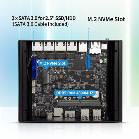 Quiet Fanless Mini Pc With Intel N100 Quad Core Chip For Home Network Firewalls And Routers Delivers Ddr5 Speed QuadPort2Point5Gbe Ethernet Opnsense Ready No Sweat Operation, detailed view of internal motherboard with M.2 NVMe slot and DDR5 RAM.