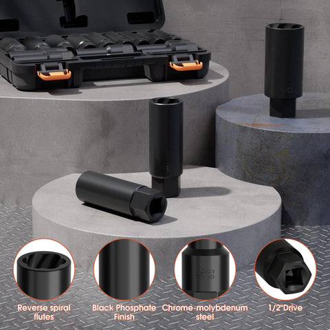 Deep Bolt Extractor Set 17 Piece One Half Inch Drive 85mm Reach Cr Mo Steel Spiral Socket Set displayed outdoors