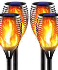 Huge Solar Torch Light With Flickering Flame That Looks Lit Upgraded Ultra Bright Outdoor Solar Lights For Garden Yard Pathway Waterproof Landscape Tiki Torches Security Lighting 4 Pack, showing four black solar-powered torches with realistic flame effects.