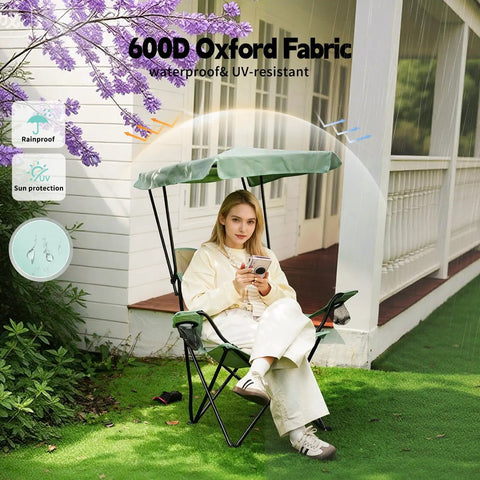 Woman sitting on portable camping chair with adjustable sunshade canopy made of 600D fabric, in front of a porch.