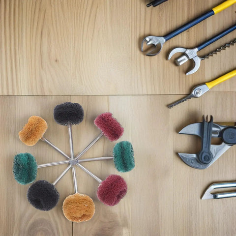 Solid 60 Pc Abrasive Buffing Wheel Set For Rust Removal And Polishing Metal With Precision Grinding Mops and Drill Bits arranged on wood.