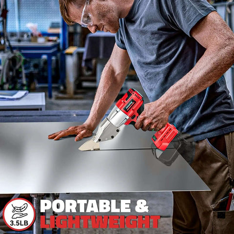 Person using Cordless Sheet Metal Cutter Nibbler with 221 Foot Pounds of Torque cuts 18 gauge steel smoothly in workshop