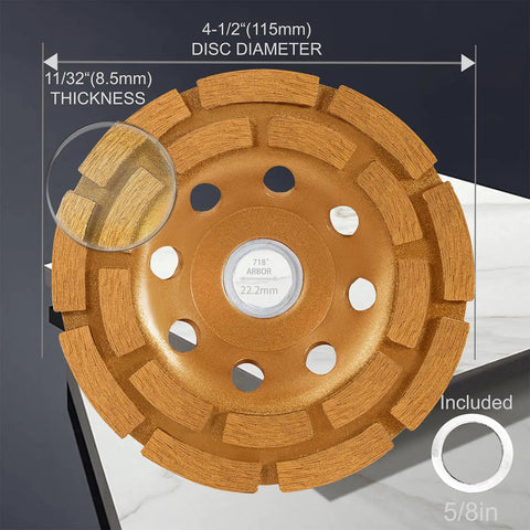 Top view of Diamond Grinding Wheel 4.5 Inch Double Row Segmented Cup Wheel For Concrete And Stone Surface Prep, Polishing And Removal, 18 Segments, 115mm, Fits Angle Grinders For Cement, Thinset, Granite, Marble