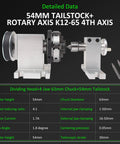 K12-65mm Rotary Table With 54mm Tailstock And 4 To 1 Reduction For CNC Router Engraver 4th Axis