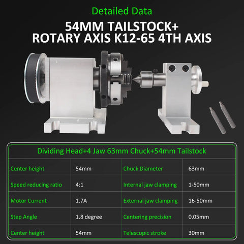 K12-65mm Rotary Table With 54mm Tailstock And 4 To 1 Reduction For CNC Router Engraver 4th Axis