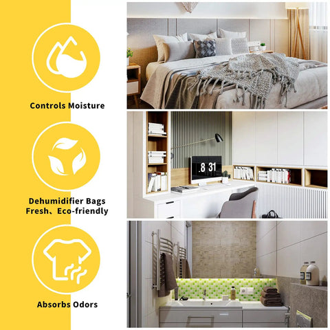 15 Pack Moisture Absorber And Odor Eliminator Hanging Bags For Closets And Home, Activated Charcoal And Calcium Chloride Dehumidifier, Eliminates Damp Musty Smell, Keeps Clothes Fresh, Charcoal Yellow, shown in bedroom, office, and bathroom settings with eco-friendly icons.