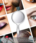 Double Sided Handheld Mirror With 1X And 2X Magnification Clear Handle Round Makeup Mirror For Face Detailing And Mascara Application Great For On The Go shown with makeup images