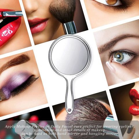 Double Sided Handheld Mirror With 1X And 2X Magnification Clear Handle Round Makeup Mirror For Face Detailing And Mascara Application Great For On The Go shown with makeup images