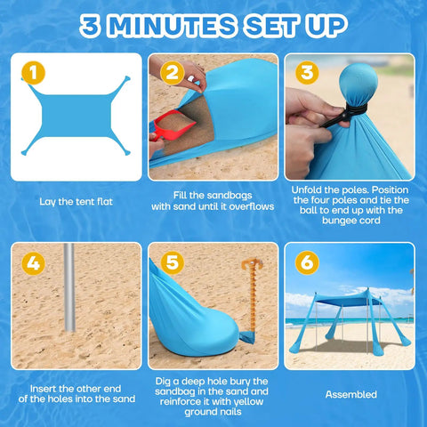 Spacious 10x10 Foot Beach Shade Canopy With UPF50 Plus Sun Protection Pop Up Shelter assembly steps.