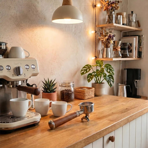 54mm Espresso Portafilter With Two Cup Spouts And Walnut Handle For Breville And Sage Barista Machines on wooden countertop