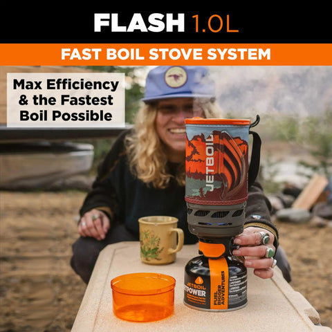 Flash 1.0L Portable Fast Boil Stove for camping, a compact design with auto ignition and safe touch, placed on an outdoor table.