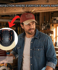 Man wearing Lightweight Bump Cap With ABS Shell Protective Insert For Jobsite Wear, baseball style hat, shown with protective insert