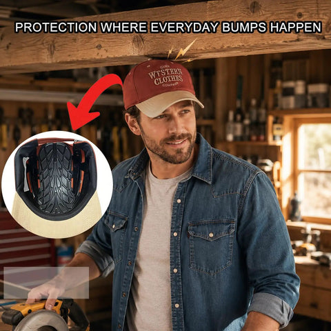 Man wearing Lightweight Bump Cap With ABS Shell Protective Insert For Jobsite Wear, baseball style hat, shown with protective insert