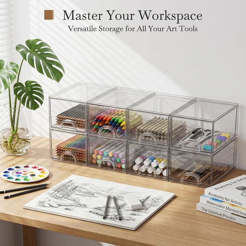 Eight Pack Clear Stackable Storage Drawers Hella Durable Water Resistant Desktop Organizer For Cosmetics And Craft Gear Helping You Keep Your Space Totally Snazzy with art tools.