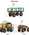 Heavy Duty 3 In 1 Garden Cart With Removable Mesh Sides And 10 Inch All Terrain Wheels Steel Utility Wagon For Yard Farm And Lawn Up To 1200 Lb Capacity Rust Resistant Powder Coat Finish shown as normal and flatbed configurations