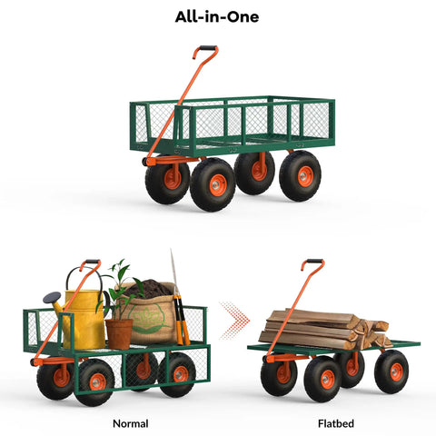 Heavy Duty 3 In 1 Garden Cart With Removable Mesh Sides And 10 Inch All Terrain Wheels Steel Utility Wagon For Yard Farm And Lawn Up To 1200 Lb Capacity Rust Resistant Powder Coat Finish shown as normal and flatbed configurations