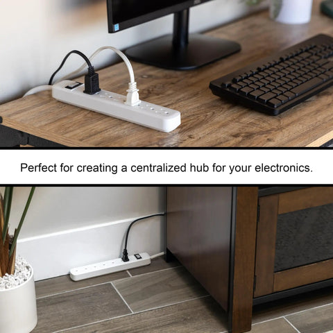 Six Outlet Power Strip Two Pack With One Point Five Foot Heavy Duty Extension Cord Grounded 3 Prong Wall Mount Circuit Breaker ETL Listed White Ideal For Home Office Garage Workshop Electronics Hub