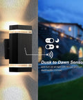 Dusk To Dawn Outdoor Wall Light Sensor LED Sconce 5W Exterior Lighting IP65 Waterproof mounted on house wall with sensor icons