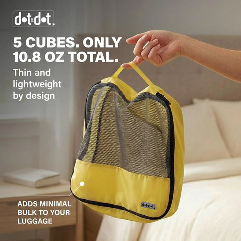 Yellow Large Travel Packing Cubes Set Of 5 For Suitcases Lightweight Luggage Organizer Bags With Non Compression Design shown.