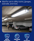 2ARS15 ALP Go-To Vapor Tight Light Covers for ceiling fixtures in a parking garage, showcasing water and UV resistance.