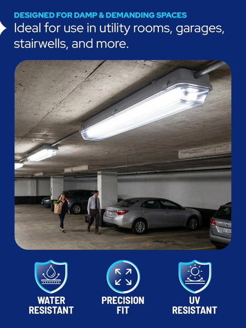 2ARS15 ALP Go-To Vapor Tight Light Covers for ceiling fixtures in a parking garage, showcasing water and UV resistance.