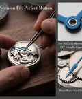Metal Watch Hands Set for NH35 364R and 7S Movements, blue hands installation detail with precision tool and close-up of hands.