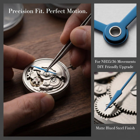 Metal Watch Hands Set for NH35 364R and 7S Movements, blue hands installation detail with precision tool and close-up of hands.
